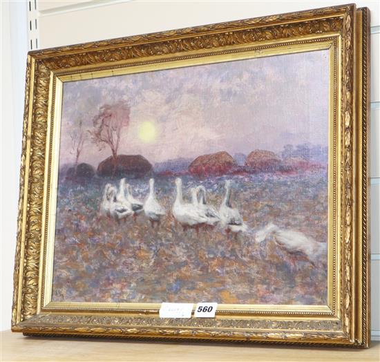 English School late 19th / early 20th century, oil on canvas, Geese at dusk, unsigned, the frame inscribed by W. Herbert, 33.5 x 44cm
